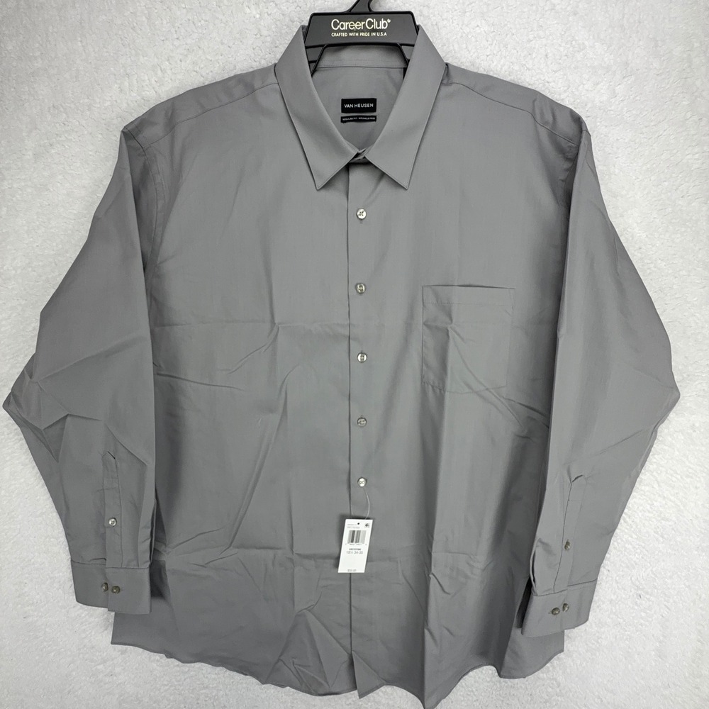 Van Heusen Mens 2XL Regular Fit Wrinkle Free Dress Shirt Gray 18.5 34/35 L/S NEW